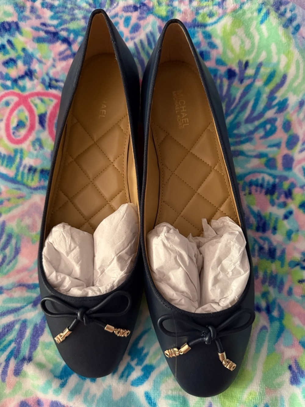 Michael Kors Navy Bow Ballet Flats with Gold Tips